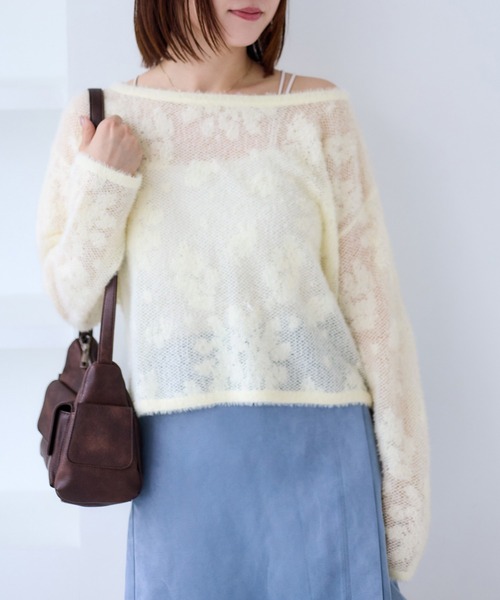 VIS（ビス）の「フラワーモチーフフェザーシアーニット（ニット/セーター・レディース・チャコールグレー/オフホワイト/ピンク・FREE）」の15枚目の写真