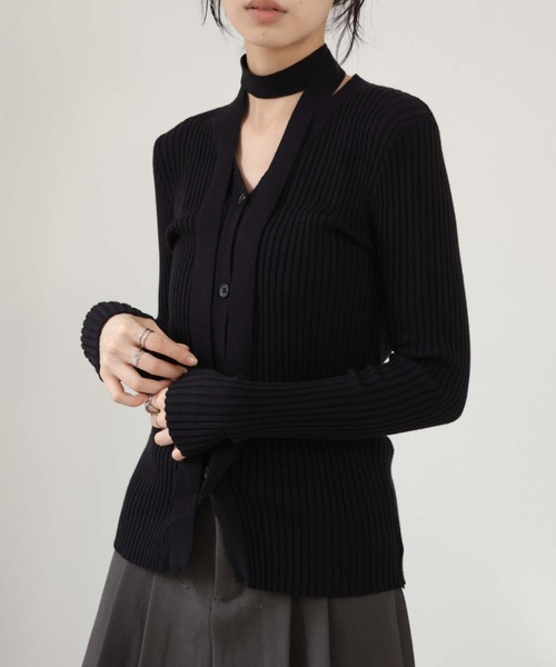 Ulysses（ユリシス）の「チョーカー付きリブニットVネックカーディガン（カーディガン/ボレロ・レディース・モカ/ブラック・F）」の2枚目の写真