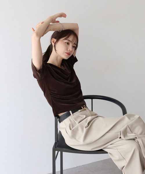 BLUEEAST（ブルーイースト）の「シアーベロアドレープTシャツ（Tシャツ/カットソー・レディース・ブラウン/アイボリー/ブラック・MEDIUM）」の3枚目の写真