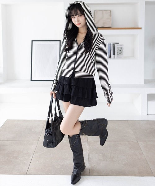 clear（クリア）の「ボーダー柄ダブルジップパーカー[カジュアル 着回し抜群 大人]（パーカー・レディース・ホワイト系その他/グレー系その他・F）」の5枚目の写真