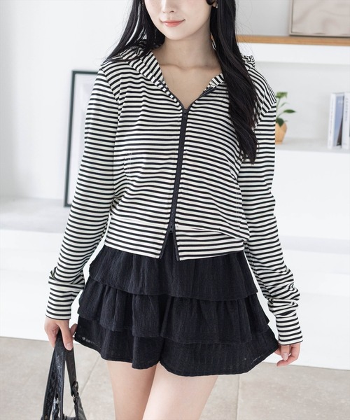 clear（クリア）の「ボーダー柄ダブルジップパーカー[カジュアル 着回し抜群 大人]（パーカー・レディース・ホワイト系その他/グレー系その他・F）」の3枚目の写真