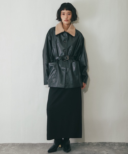 フェイクレザー2WAY襟ボアカバーオール（ライダースジャケット