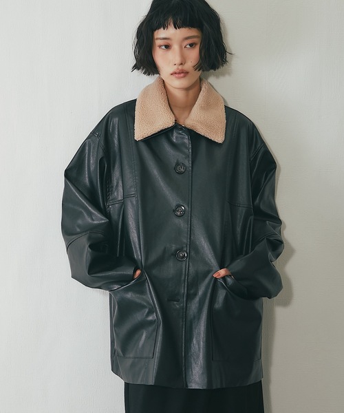 フェイクレザー2WAY襟ボアカバーオール（ライダースジャケット