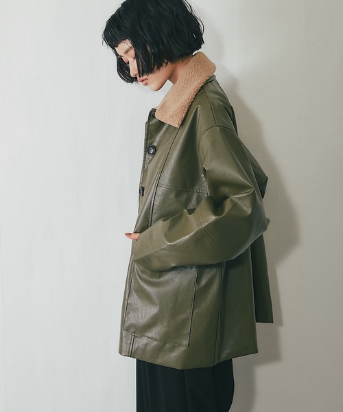 フェイクレザー2WAY襟ボアカバーオール（ライダースジャケット