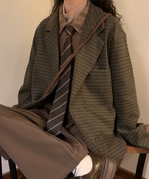 SHEPP(シープ)の「ユニセックスクラシック チェック柄テーラードジャケット(テーラードジャケット・レディース・ブラウン/グリーン・M/L)」の2枚目の写真