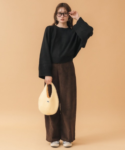 セール】フレアスリーブニットトップス / ブラック チャコール ワイド