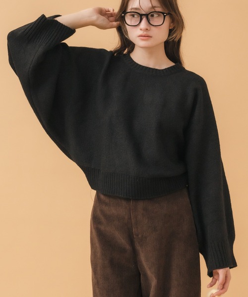 フレアスリーブニットトップス / ブラック チャコール ワイドスリーブ