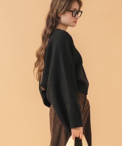 セール】フレアスリーブニットトップス / ブラック チャコール ワイド
