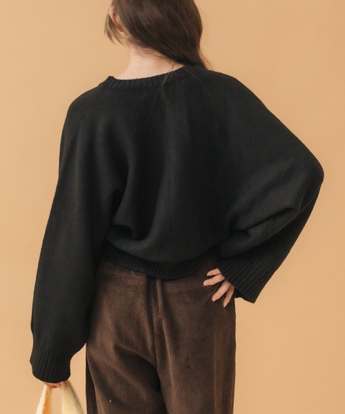 セール】フレアスリーブニットトップス / ブラック チャコール ワイド
