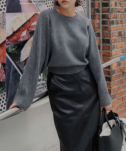 セール】フレアスリーブニットトップス / ブラック チャコール ワイド