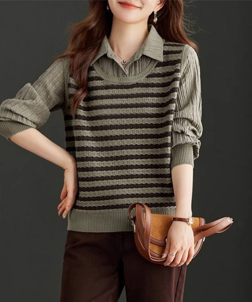 ReRe（リリ）の「レイヤード風ニットベスト×リブシャツセット（ニット/セーター・レディース・カーキ/ブラック/テラコッタ/ベージュ・FREE）」の16枚目の写真