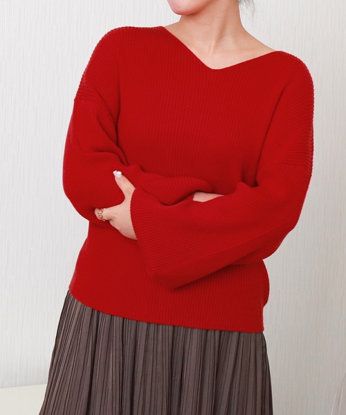 libelle more(リベル モア)の「【洗濯機で洗える】バルーン袖Vネックリブニットプルオーバー(ニット/セーター・レディース・ベージュ/イエロー/レッド/オフホワイト/ブラック・M)」の13枚目の写真