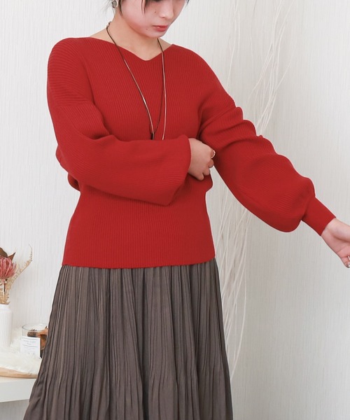 libelle more(リベル モア)の「【洗濯機で洗える】バルーン袖Vネックリブニットプルオーバー(ニット/セーター・レディース・ベージュ/イエロー/レッド/オフホワイト/ブラック・M)」の15枚目の写真