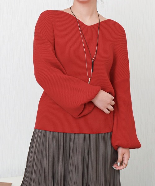 libelle more(リベル モア)の「【洗濯機で洗える】バルーン袖Vネックリブニットプルオーバー(ニット/セーター・レディース・ベージュ/イエロー/レッド/オフホワイト/ブラック・M)」の17枚目の写真