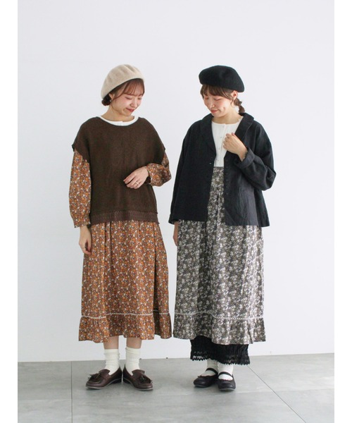 Samansa Mos2（サマンサ モスモス）の「【WEB限定】胸元配色花柄ワンピース（ワンピース・レディース・ミント/ブラウン/チャコールグレー・F）」の4枚目の写真