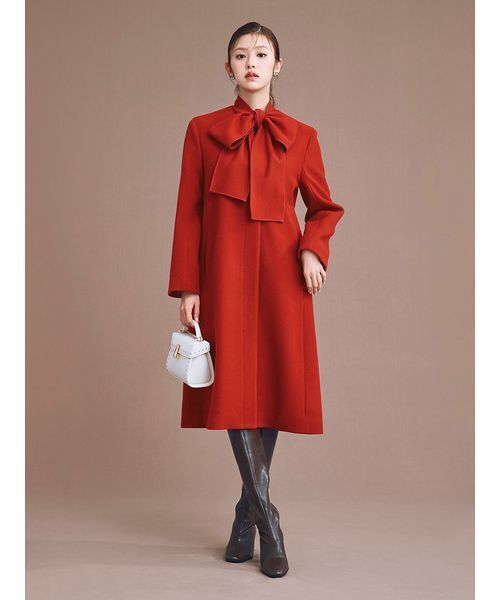 リボンストール付きノーカラーコート（ノーカラージャケット