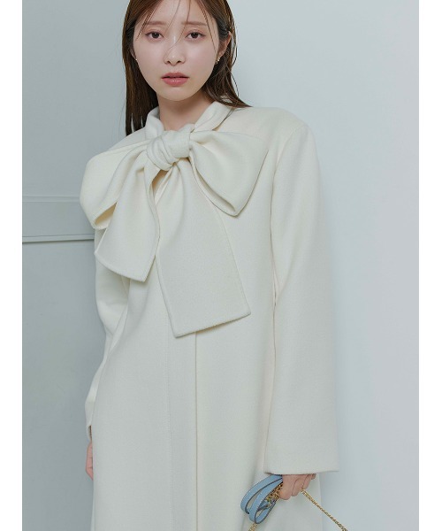リボンストール付きノーカラーコート（ノーカラージャケット