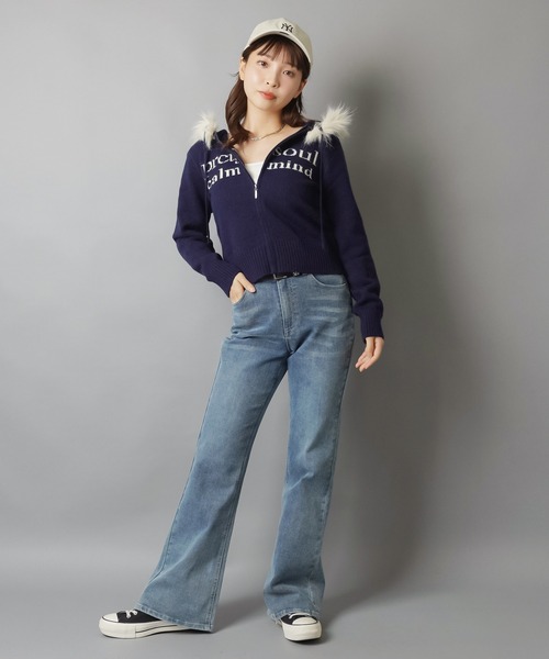 SPINNS（スピンズ）の「ふわもこフードが優勝☆彡あざと可愛い韓国ニットパーカー/ジャガードロゴ（パーカー・レディース・ピンク/チャコール/ネイビー/アイボリー・ONESIZE）」の10枚目の写真