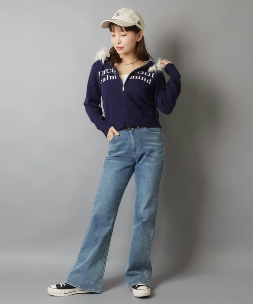 SPINNS（スピンズ）の「ふわもこフードが優勝☆彡あざと可愛い韓国ニットパーカー/ジャガードロゴ（パーカー・レディース・ピンク/チャコール/ネイビー/アイボリー・ONESIZE）」の11枚目の写真