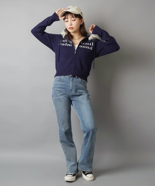 SPINNS（スピンズ）の「ふわもこフードが優勝☆彡あざと可愛い韓国ニットパーカー/ジャガードロゴ（パーカー・レディース・ピンク/チャコール/ネイビー/アイボリー・ONESIZE）」の13枚目の写真