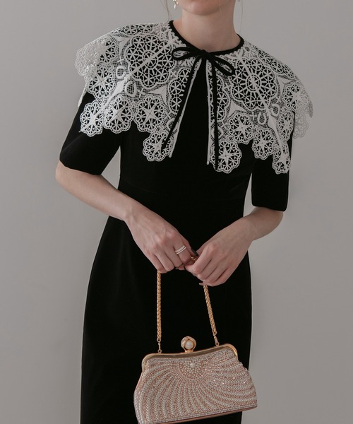 セール】【LEJA】レースカラーベロアIラインワンピースドレス