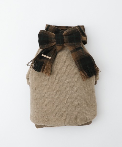 moncheri（モンシェリ）の「チェック柄マフラー付きプルオーバー【通すだけでリボン完成・ボタンで取り外し可能】（ペットウェア・レディース・ベージュ/アイボリー・S/M/L/XL）」の2枚目の写真