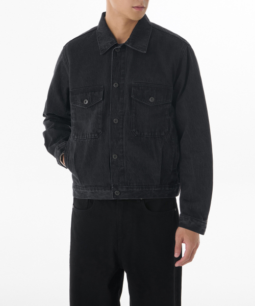 MUSINSA STANDARD（ムシンサスタンダード）の「デニムオフィサージャケット [ウォッシュドブラック]（デニムジャケット・メンズ・その他・MEDIUM/LARGE/X-LARGE/XX-LARGE）」の2枚目の写真