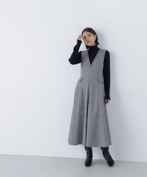 NATURAL BEAUTY BASIC（ナチュラルビューティーベーシック）の「◇ツイーディーフリンジジャンスカ（ジャンパースカート・レディース・ブラウン/ブラック・SMALL/MEDIUM/P/S）」の6枚目の写真