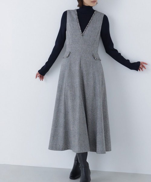 NATURAL BEAUTY BASIC（ナチュラルビューティーベーシック）の「◇ツイーディーフリンジジャンスカ（ジャンパースカート・レディース・ブラウン/ブラック・SMALL/MEDIUM/P/S）」の3枚目の写真