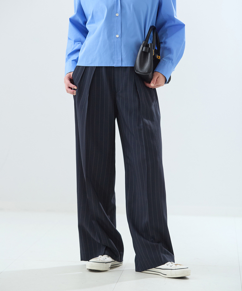 journal standard L'essage(ジャーナルスタンダードレサージュ)の「NALYAストライプ/Doeskinワイドパンツ(スラックス・レディース・ネイビー/ブラウン・38/36)」の2枚目の写真
