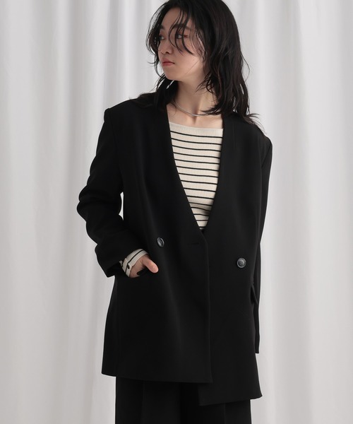 mysty woman(ミスティウーマン)の「ノーカラーWジャケット 643762(テーラードジャケット・レディース・ブラック/ライトベージュ・FREE)」の6枚目の写真