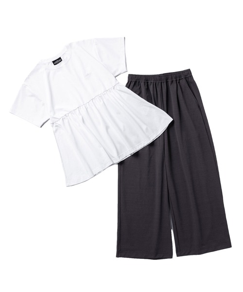 THOUSAND MILE（サウザンドマイル）の「【L's】GATHERED HEM T-SHIRT &  WIDE PANS SET LUXELEAF JERSEY/ギャザーヘムTシャツ＆ワイドパンツ セット（セットアップ・レディース・スミクロ/ホワイト系その他/ブラウン/ブルー・FREE）」の2枚目の写真