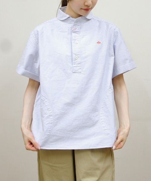 DANTON（ダントン）の「DANTON/ダントン　ラウンドカラープルオーバーショートスリーブシャツ　ROUND COLLAR P.O SHIRT SHORT SLEEVE （ウィメンズ） DT-B0283 OXP（シャツ/ブラウス・レディース・サックスブルー/ブラック・38）」の2枚目の写真