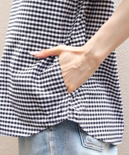 DANTON（ダントン）の「DANTON/ダントン　ラウンドカラープルオーバーショートスリーブシャツ　ROUND COLLAR P.O SHIRT SHORT SLEEVE （ウィメンズ） DT-B0283 OXP（シャツ/ブラウス・レディース・サックスブルー/ブラック・38）」の5枚目の写真