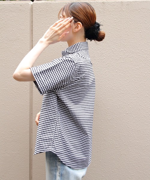DANTON（ダントン）の「DANTON/ダントン　ラウンドカラープルオーバーショートスリーブシャツ　ROUND COLLAR P.O SHIRT SHORT SLEEVE （ウィメンズ） DT-B0283 OXP（シャツ/ブラウス・レディース・サックスブルー/ブラック・38）」の8枚目の写真
