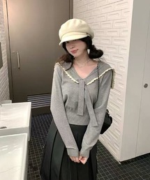 セーラー襟レースニットトップス