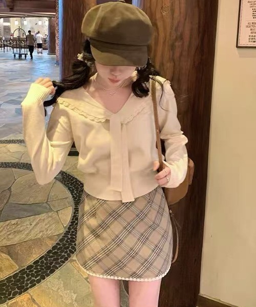 AsRiRe（アスリレイ）の「セーラー襟レースニットトップス（ニット/セーター・レディース・グレー/アイボリー・M）」の13枚目の写真