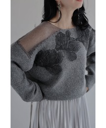 cawaii | ぐるりと囲む黒花レースのニットプルオーバートップス(ニット/セーター)