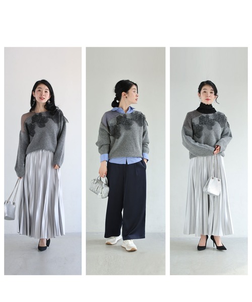 cawaii（カワイイ）の「ぐるりと囲む黒花レースのニットプルオーバートップス（ニット/セーター・レディース・グレー・FREE）」の13枚目の写真