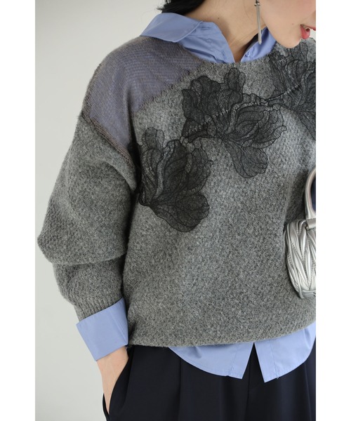 cawaii（カワイイ）の「ぐるりと囲む黒花レースのニットプルオーバートップス（ニット/セーター・レディース・グレー・FREE）」の16枚目の写真