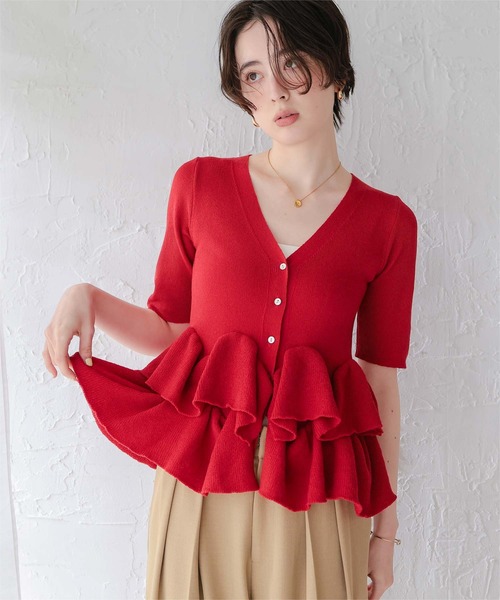 titivate(ティティベイト)の「ハーフスリーブフリルヘムニットカーディガン(カーディガン/ボレロ・レディース・ネイビー/ブラウン/ブラック/ブルー/オフホワイト/レッド/グレイッシュベージュ/ライトイエロー/チャコール/ライトピンク・M/S/L)」の15枚目の写真