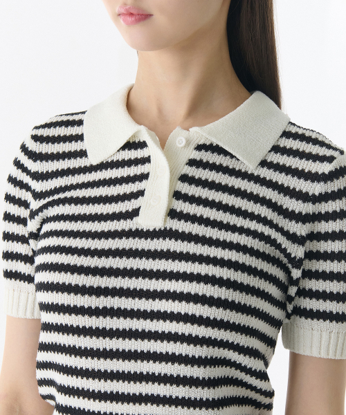 MUSINSA STANDARD WOMAN（ムシンサスタンダードウーマン）の「ウィメンズストライプニットポロシャツ[アイボリー/ブラック]（ニット/セーター・レディース・その他・MEDIUM/SMALL/X-SMALL/LARGE）」の3枚目の写真