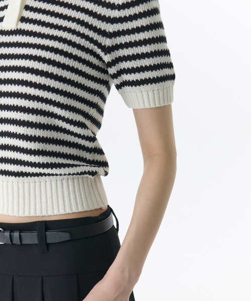 MUSINSA STANDARD WOMAN（ムシンサスタンダードウーマン）の「ウィメンズストライプニットポロシャツ[アイボリー/ブラック]（ニット/セーター・レディース・その他・MEDIUM/SMALL/X-SMALL/LARGE）」の4枚目の写真
