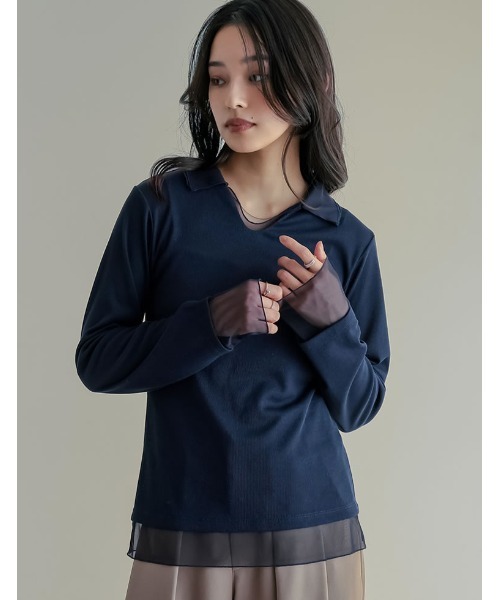 Re:EDIT（リエディ）の「[2026S/S COLLECTION]リブカットソーチュールレイヤード風ポロトップス（Tシャツ/カットソー・レディース・ネイビー/ミント/モカ/ブラック・MEDIUM/LARGE）」の4枚目の写真