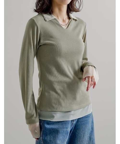 Re:EDIT（リエディ）の「[2026S/S COLLECTION]リブカットソーチュールレイヤード風ポロトップス（Tシャツ/カットソー・レディース・ネイビー/ミント/モカ/ブラック・MEDIUM/LARGE）」の3枚目の写真