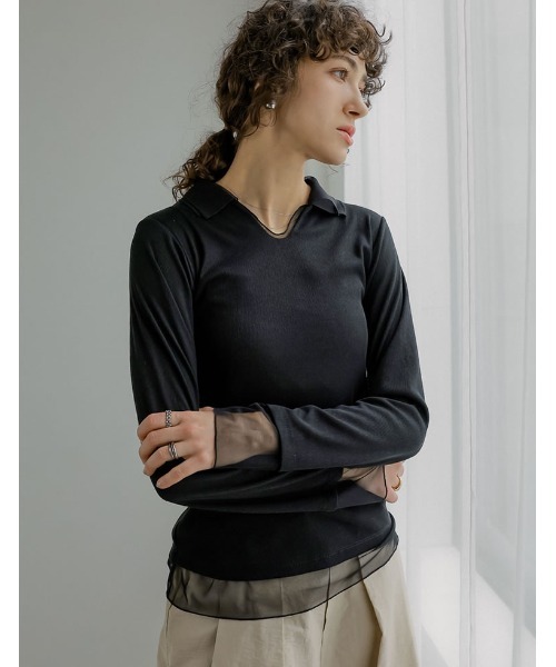 Re:EDIT（リエディ）の「[2026S/S COLLECTION]リブカットソーチュールレイヤード風ポロトップス（Tシャツ/カットソー・レディース・ネイビー/ミント/モカ/ブラック・MEDIUM/LARGE）」の6枚目の写真