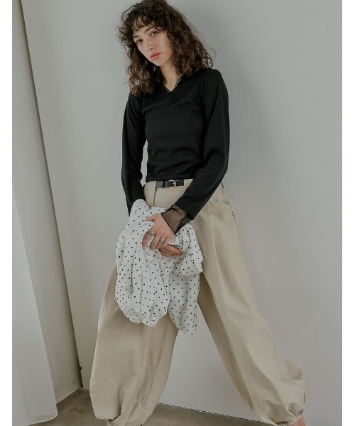 Re:EDIT（リエディ）の「[2026S/S COLLECTION]リブカットソーチュールレイヤード風ポロトップス（Tシャツ/カットソー・レディース・ネイビー/ミント/モカ/ブラック・MEDIUM/LARGE）」の7枚目の写真