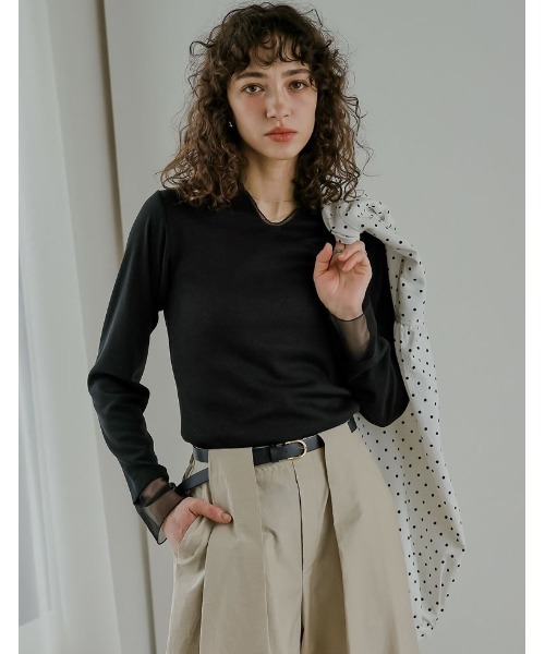 Re:EDIT（リエディ）の「[2026S/S COLLECTION]リブカットソーチュールレイヤード風ポロトップス（Tシャツ/カットソー・レディース・ネイビー/ミント/モカ/ブラック・MEDIUM/LARGE）」の8枚目の写真