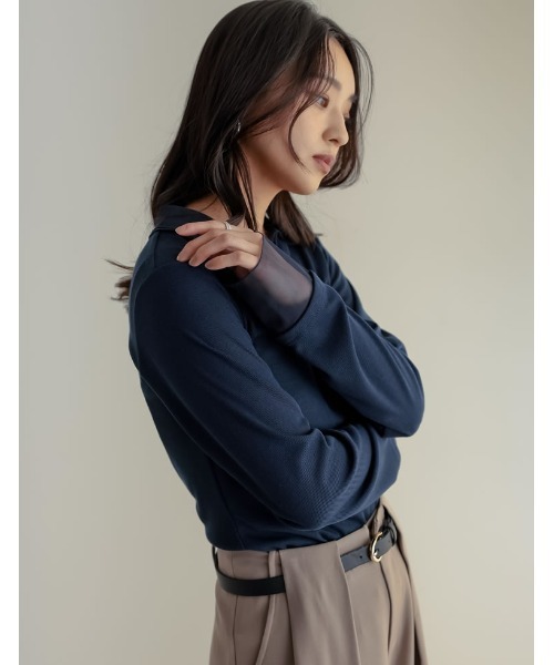 Re:EDIT（リエディ）の「[2026S/S COLLECTION]リブカットソーチュールレイヤード風ポロトップス（Tシャツ/カットソー・レディース・ネイビー/ミント/モカ/ブラック・MEDIUM/LARGE）」の18枚目の写真