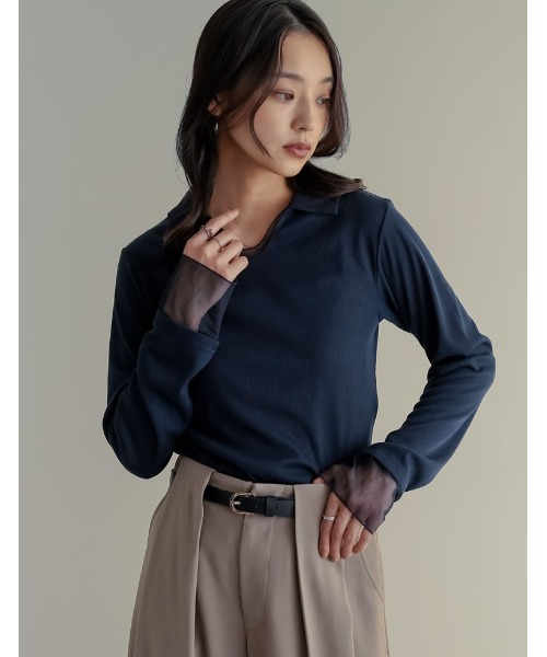 Re:EDIT（リエディ）の「[2026S/S COLLECTION]リブカットソーチュールレイヤード風ポロトップス（Tシャツ/カットソー・レディース・ネイビー/ミント/モカ/ブラック・MEDIUM/LARGE）」の20枚目の写真